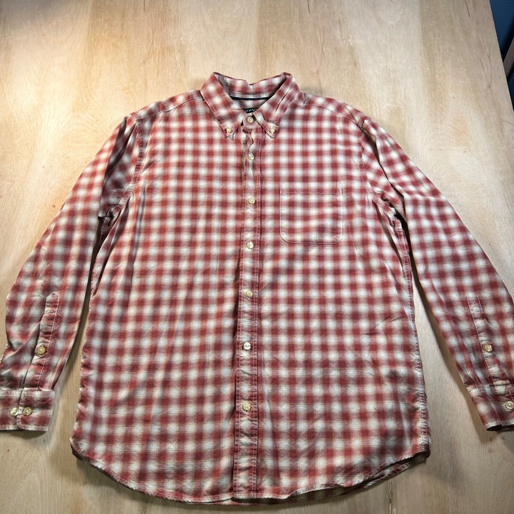 Orvis Mens Large Red Plaid Button Down Shirt Cotton Lyocell Long Sleeve RN 70534